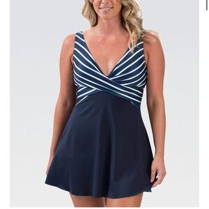 Dolfin Aquashape Wrap Front Swim Dress One Piece Swimwear Navy White Size 16 NWT